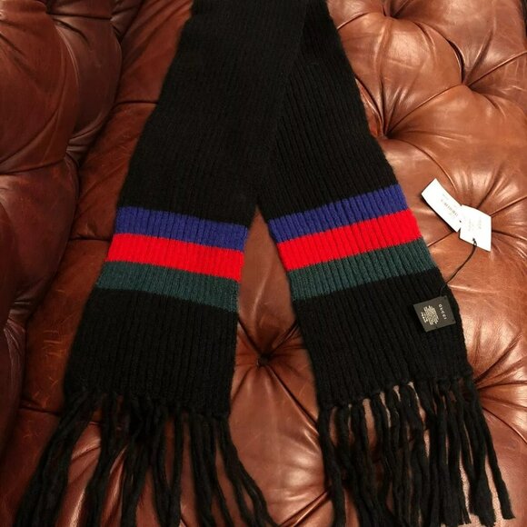 GUCCI THICK BLACK WEB STRIPE MOHAIR WOOL BLEND WARM UNISEX LONG SCARF 236cm - Picture 3 of 6